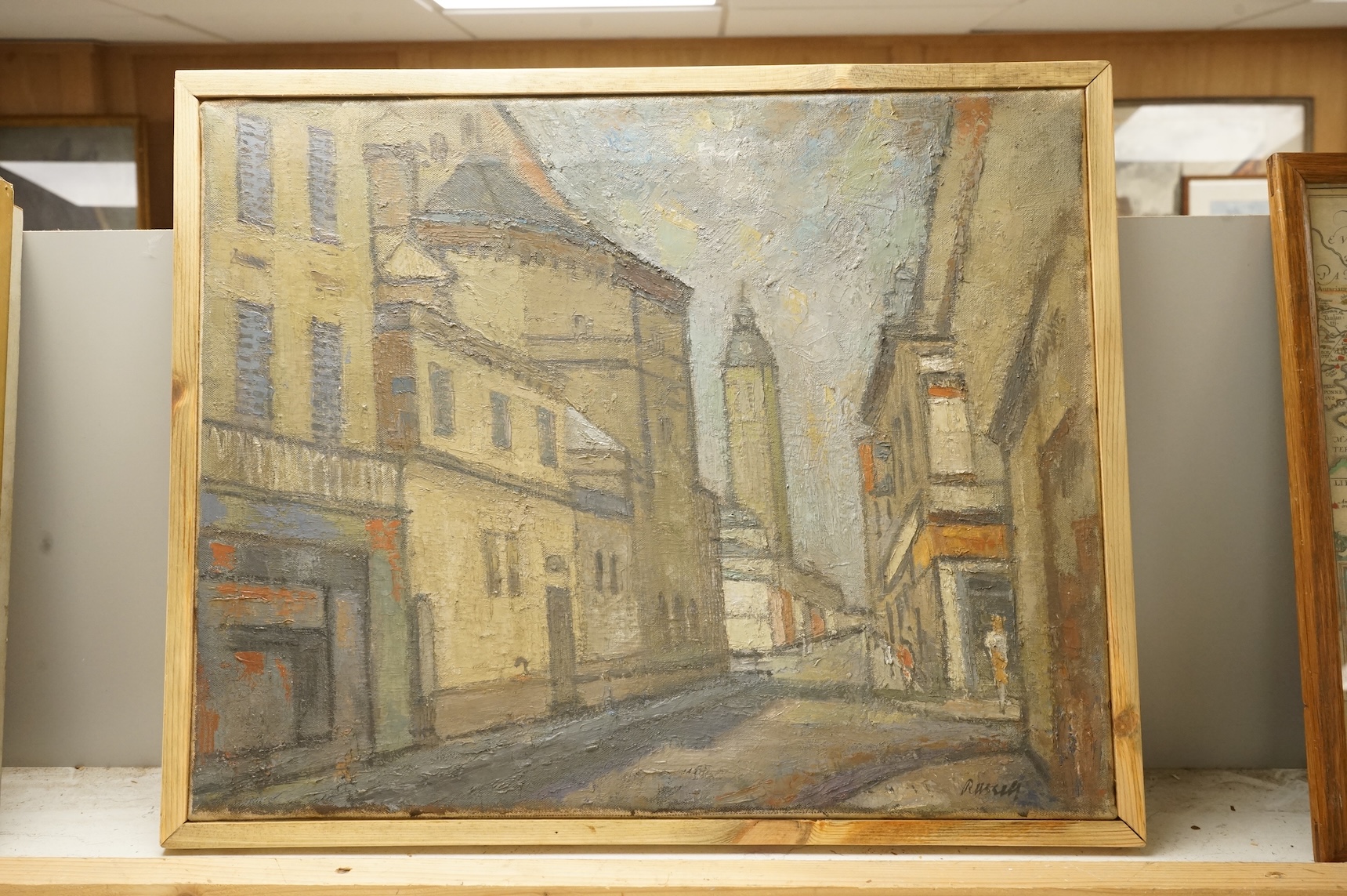 Robert Russell (1902-1982), Moody street scene, signed, impasto oil on canvas, 41 x 51cm